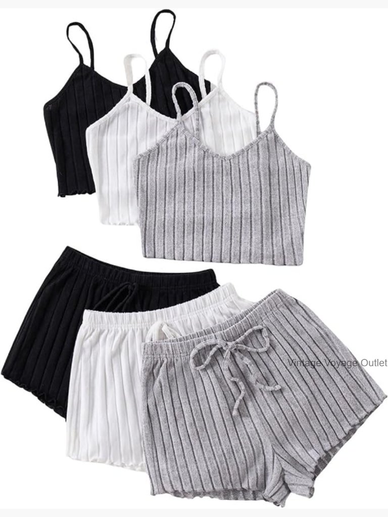 Ribbed Crop Cami & Shorts Lounge Set 6-Piece Pajama Set Sleepwear
